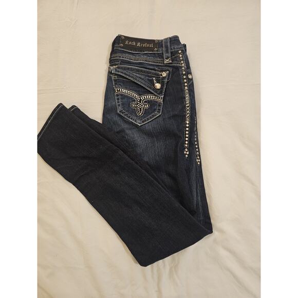 Rock Revival Skinny Jeans Women’s 27 Dark Wash Rhinestone Sides Embroidered - Picture 3 of 3